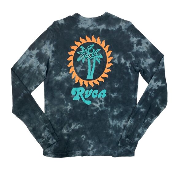 RVCA T Shirt Mens S Small Blue Tie Dye Palm Trees Sun Regular Fit Long Sleeve - Picture 1 of 9